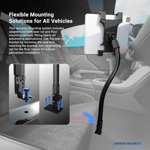 Vista 5 de ARKON Carril de asiento de coche o camión o soporte de tableta de piso con brazo de 22 pulgadas para iPad Pro iPad Air 2 iPad Retail Negro