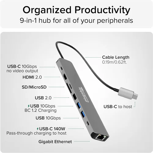 Vista 3 de Plugable Adaptador multipuerto USB C Hub: 9 en 1 con carga PD de 140 W, HDMI 4K 60Hz, transferencia de datos de 10 Gbps, Gigabit Ethernet, SD
