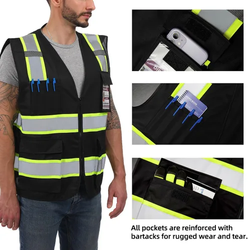 Vista 3 de Dib Safety Chaleco reflectante de alta visibilidad con bolsillos y cremallera, negro con ribete amarillo, talla S