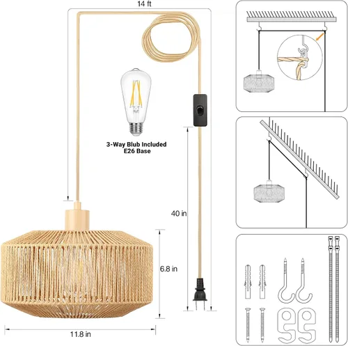 Vista 2 de Lámpara colgante enchufable de papel tejido de ratán estilo bohemio, lámpara colgante rústica de granja para cocina, comedor, dormitorio, entrada