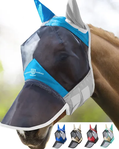 Vista 35 de Harrison Howard Pro Luminous Horse Fly Máscara de nariz larga con orejas protección UV para caballo, azul y plateado, pequeño poni