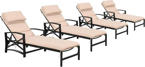LOKATSE Home Juego de 4 tumbonas para patio Teslin para exteriores, reclinables, ajustables con cojín y almohada suave para piscina, terraza, patio