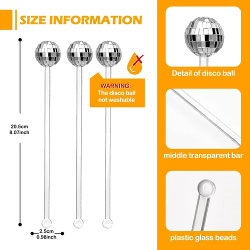 Vista 3 de Sawysine 24 piezas de bolas de discoteca, agitadores de cóctel, bola de discoteca plateada, varillas decorativas de espejo de 20 cm, agitadores