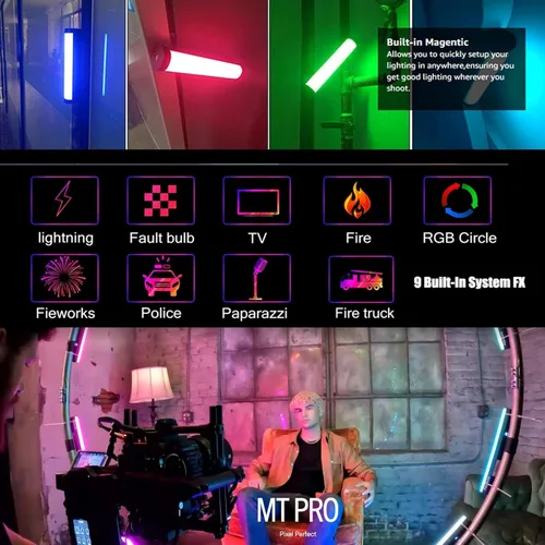 Vista 9 de Aputure MT Pro RGB Light Wand Stick 7.5W CCT de 2000K -10000K Salida Pixel-Mappable RGBWW Mini LED Tubo Luz Soporte Sidus Link Bluetooth App Control