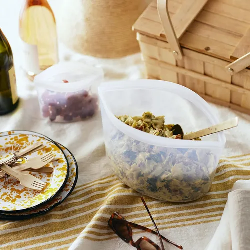 Vista 3 de Bolsa de almacenamiento de alimentos reutilizable de silicona premium Stasher, transparente, apta para microondas, al vacío, lavavajillas, horno