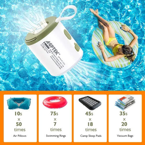 Vista 5 de AGPTEK Portable Air Pump for Inflatables, 5.5kPa 1600mAh Tiny Rechargeable Electric air Pump with Led Light for Air Mattress Pool Floats, Vacuum