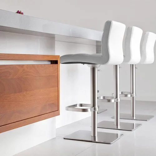 Vista 67 de ZURI Taburete de bar moderno de altura ajustable marrón exuberante con base plana redonda cepillada