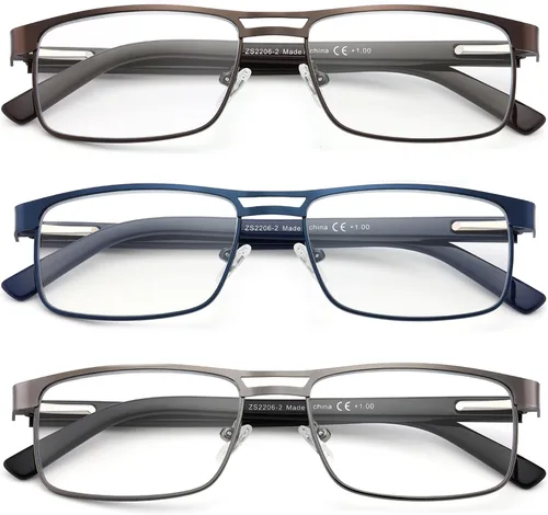 Lentes de lectura de metal para hombres, con bloqueo de luz azul, lentes rectangulares de borde completo, bisagras de resorte, paquete de 3: Paquete
