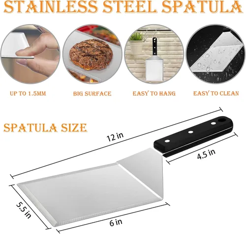 Vista 2 de HaSteeL Juego de espátulas de metal, herramientas de espátula grande de acero inoxidable resistente, espátula de plancha grande para hamburguesas