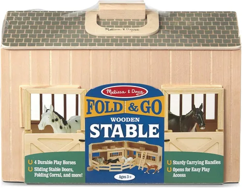 Vista 6 de Melissa & Doug Casa de muñecas de madera Fold and Go con establo de caballos con asa y caballos de juguete (11 piezas)