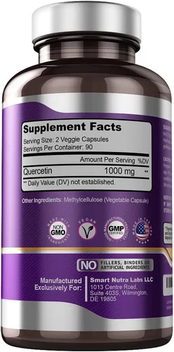 Vista 3 de Smart Nutra Labs Quercetina 1000 mg- 180 cápsulas veganas, suplemento de quercetina 100% puro, sin OMG, sin gluten, probado por terceros