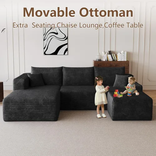 Vista 6 de Sofá modular de 95 pulgadas con otomana, moderno sofá nube de pana con asiento profundo, sofá sin hueso tapizado de 3 plazas en forma de U para sala