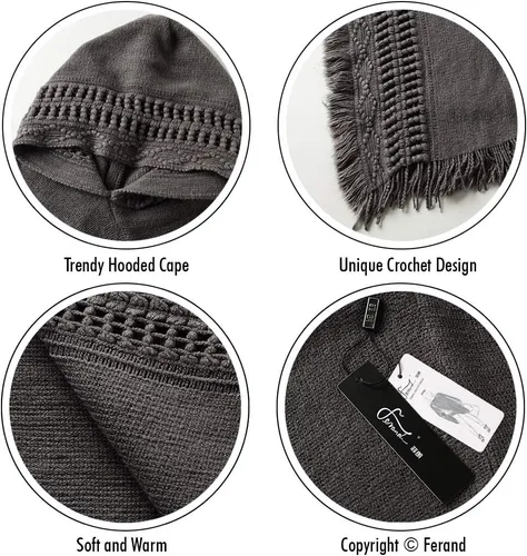Vista 4 de Capa con capucha Ferand, con flequillo en el dobladillo, patrones de ganchillo para tejer poncho, para mujer.