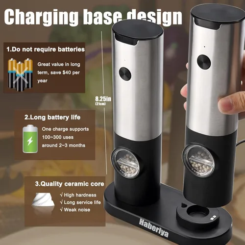 Vista 3 de Juego de molinillo eléctrico de sal y pimienta, molinillos automáticos de sal de pimienta, acero inoxidable, recargable, recargable, con luz LED