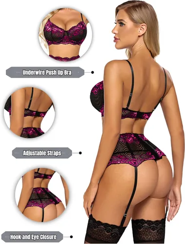 Vista 3 de Avidlove - Conjunto de lencería para mujer con liguero, sostén y pantis, sexy conjunto de lencería con varillas
