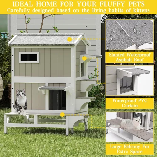 Vista 4 de Casa para gatos de 2 pisos de 28.7 pulgadas de largo con 3 puertas, refugio para gatos para interiores y exteriores para 2-3 gatos con balcón
