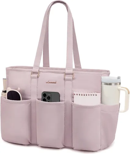 Vista 25 de LOVEVOOK bolso tote vintage para laptop para mujer, Beige-Negro, 15,6 pulg., Moda