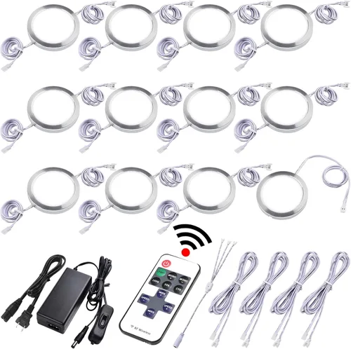 Vista 9 de Luces LED tipo puck delgadas bajo gabinete, Iluminación ambiental cableada de 110V, Enchufable y cableado directo empotrado, Enlazables en cadena