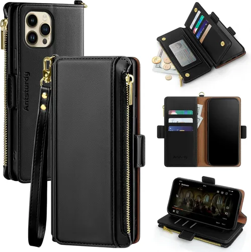 Vista 17 de Antsturdy Funda tipo cartera compatible con iPhone 12 Pro Max, funda de piel sintética con bloqueo RFID, funda protectora para mujeres y hombres