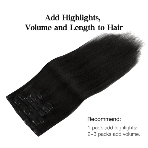 Vista 5 de HOTBANANA - Extensiones de cabello humano con pinzas, color negro azabache, 2.82 onzas, extensiones de cabello humano real, extensiones de cabello