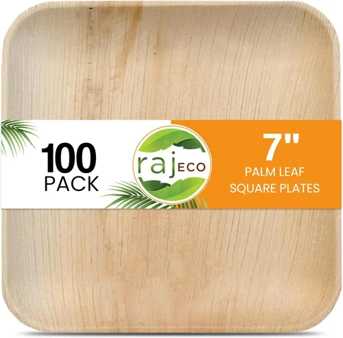 Vista 17 de Raj Palm Leaf Plates [100-Pack] 7" Square Plates (2 CASES - 200 PACK) like Bamboo plates Disposable, Strong, Decorative Compostable Tableware for