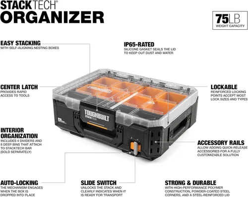 Vista 2 de ToughBuilt Organizador de almacenamiento resistente, caja de herramientas portátil, StackTech, negro