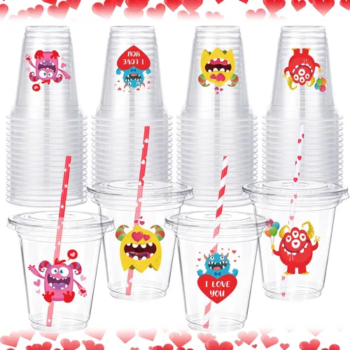 Vista 8 de Eaasty Juego de 20 vasos de plástico para el día de San Valentín con tapa y pajitas, 12 onzas, con corazón, desechables, con calcomanía, suministros