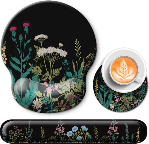 Vista 13 de Alfombrilla de mouse y soporte para reposamuñecas para teclado, con base de poliuretano antideslizante, alfombrilla de mouse de gel con posavasos