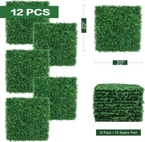 Vista 3 de 12 PCS 20"x20" Grass Wall Privacy Screen Greenery Backdrop Panels with Zip Ties,Artificial Boxwood Grass Panels Hedge Wall for Garden Yard Fence