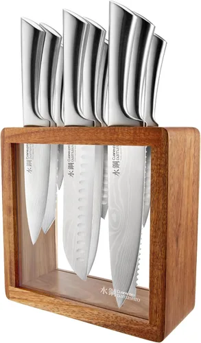 Vista 10 de Cuisine: pro Damashiro - Bloque de cuchillos Satori de 8 piezas, juego de cuchillos de acero japonés con bloque de cuchillos de madera de acacia