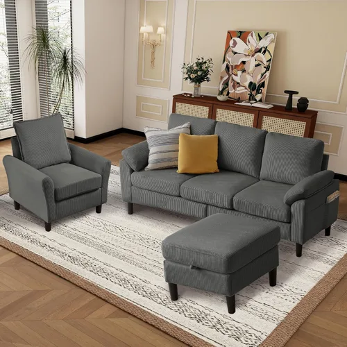 Vista 4 de Juego de sofá modular en forma de L de pana con otomana de almacenamiento y bolsillos laterales, sofá de 3 plazas + sillón, muebles de sala de estar
