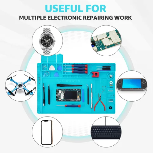 Vista 7 de DURATECH Alfombrilla de silicona para soldar, resistente al calor 932°F, tapete de reparación de electrónicos, organizador de herramientas y piezas