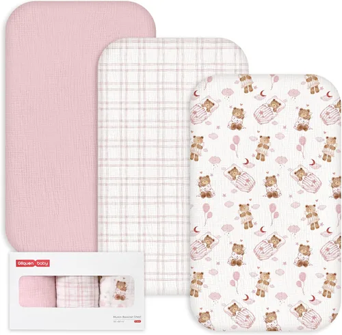 Vista 28 de Gllquen Baby Sábanas de Muselina para Moisés Paquete de 3, Sábanas Ajustadas de Algodón Transpirables Elásticas y Acogedoras para Colchón de Moisés