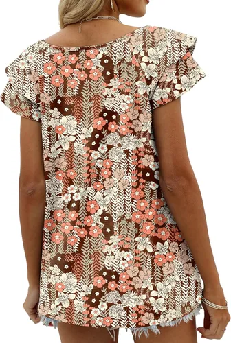 Vista 5 de OFEEFAN - Camisetas de verano para mujer, blusa informal de manga corta con volantes, cuello en V, ajuste holgado