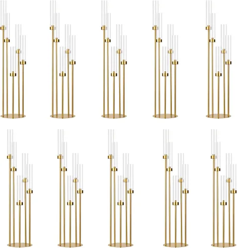 Vista 10 de Portavelas negro mate de 39.8 pulgadas con tonos acrílicos, candelabro alto de 5 brazos, centro de mesa negro para boda, sala de estar, comedor