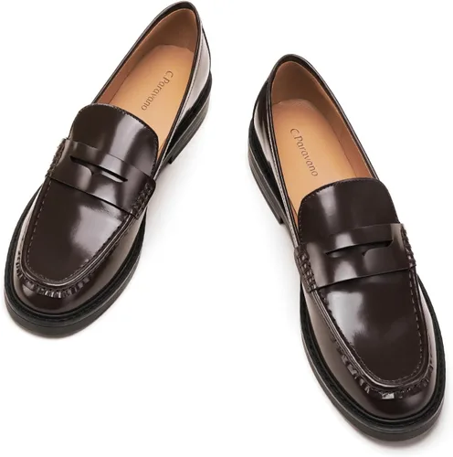 Vista 12 de C.Paravano Mocasines Penny de cuero genuino para mujer, mocasines planos Negro