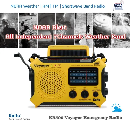 Vista 4 de Radio de alerta meteorológica Kaito KA500 de emergencia AM/FM/SW con 5 funciones Amarillo
