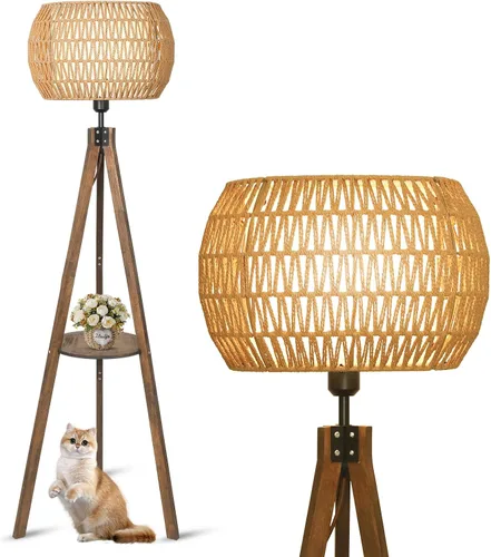 Vista 10 de LAMSU Lámparas de pie estilo bohemio con trípode para sala de estar, lámpara de pie de madera de ratán con pantallas de tela, lámpara de pie