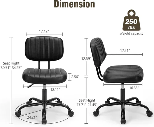 Vista 2 de DUMOS - Silla pequeña sin brazos para escritorio de casa con respaldo bajo y soporte lumbar, silla de computadora de altura ajustable con cuero