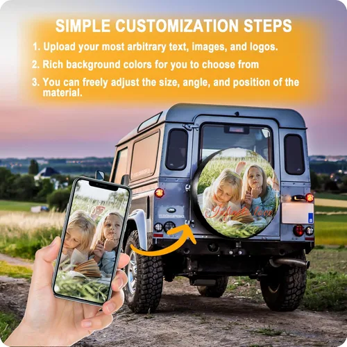 Vista 2 de Cubierta de neumático de repuesto personalizada, cubierta de neumático personalizada, personalice su foto, texto, logotipo, protectores