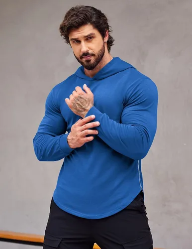 Vista 2 de COOFANDY Sudaderas de entrenamiento para hombre, manga larga, ajuste muscular, atlético, sudaderas con capucha para gimnasio