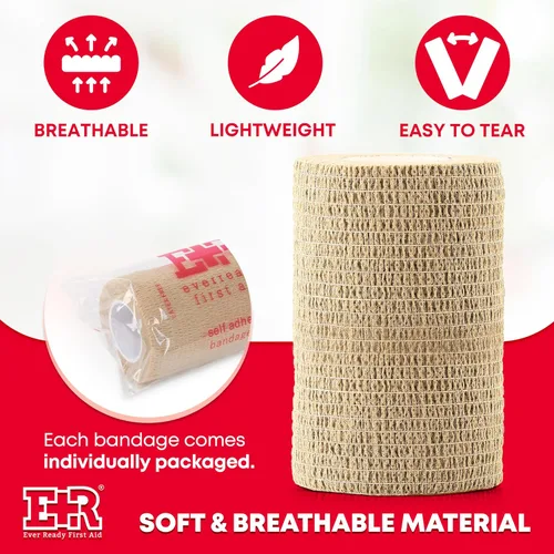 Vista 5 de Ever Ready First Aid Vendajes cohesivos autoadherentes, 4 pulgadas x 5 yardas para primeros auxilios, esguinces, hinchazón, deportes, mascotas
