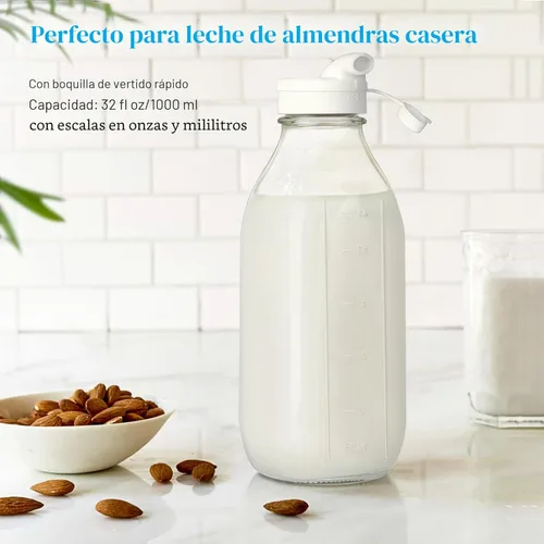 Vista 4 de Paquete de 2 botellas de leche de vidrio con 2 tapas dispensadoras, tapa de rosca 100% hermética de servicio pesado. ¡Jarra de agua de vidrio