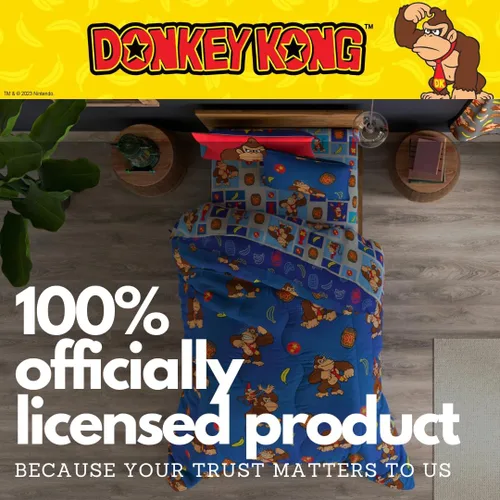 Vista 6 de Franco - Juego de ropa de cama coleccionable Nintendo Donkey Kong, 5 piezas, edredón reversible supersuave y juego de sábanas con funda