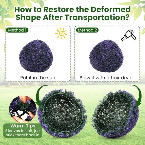 Vista 4 de Goplus 2 PCS Bolas Topiarias de Plantas Artificiales de 15 Pulgadas, Bolas Redondas de Lavanda Sintética para Exteriores, Esferas de Jardín