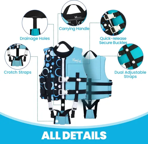 Vista 2 de [Usado] Boglia Chaleco de natación para niños, chaqueta flotante para niños y niñas Burbuja Azul Negro