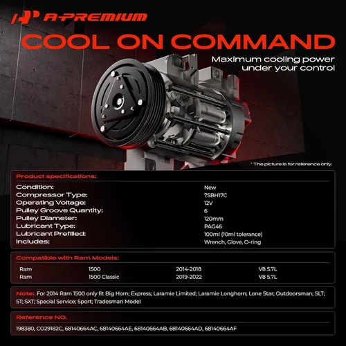 Vista 2 de A-Premium Compresor de Aire Acondicionado AC con Embrague Compatible con Ram 1500 5.7L 2014-2018, Ram 1500 Classic 5.7L 2014-2014, Estilo 7SBH17C