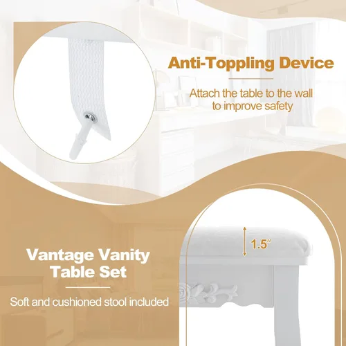 Vista 40 de CHARMAID Mesa de tocador para niñas con espejo iluminado y taburete, 10 luces LED regulables, 3 modos de iluminación de color, 4 cajones, mango