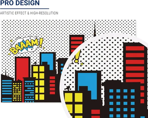 Vista 2 de Allenjoy Telones de fondo con temática de superhéroes, edificios de horizonte de superciudad, suministros de cumpleaños para niños, decoraciones
