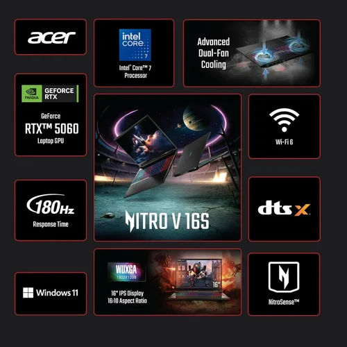 Vista 2 de acer Nitro V 16S - Computadora portátil para juegos WUXGA IPS 180Hz de 16 pulgadas, procesador Intel Core 7 240H, NVIDIA GeForce RTX 5060 con 8 GB